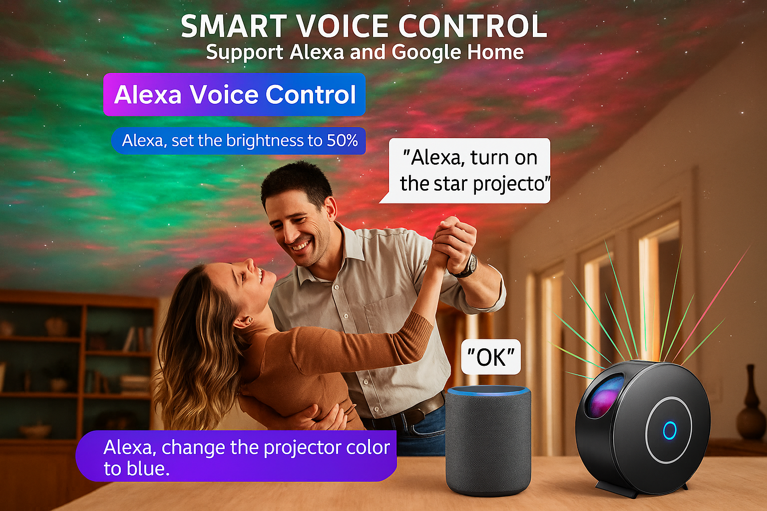 Smart voice control device with Alexa and Google Home support in a home setting.