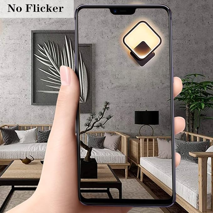 Smartphone displaying a living room scene with 'No Flicker' text above.