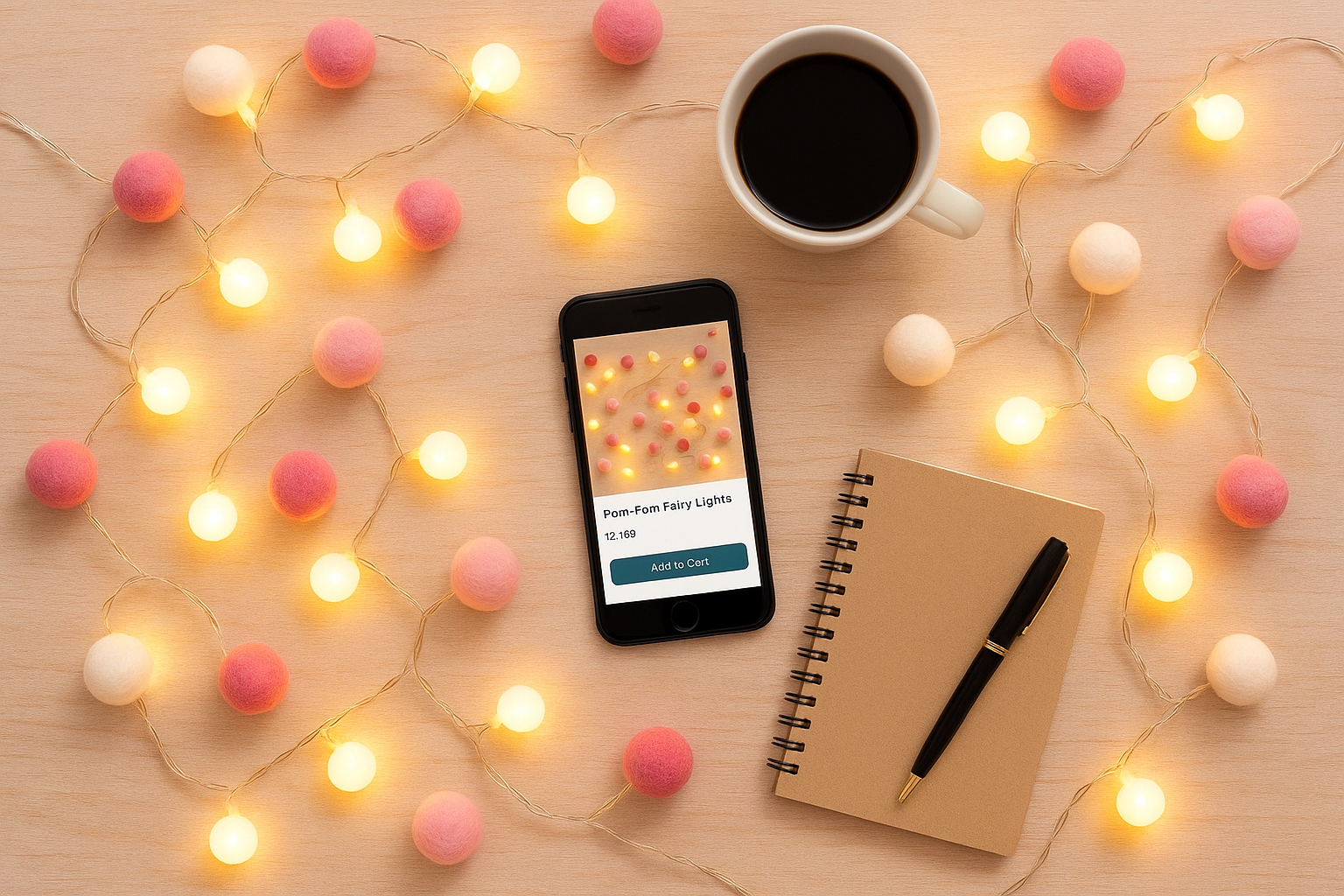 Smartphone with app on screen, cup of coffee, notebook, pen, and string lights on a wooden surface