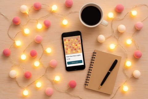 Smartphone with app on screen, cup of coffee, notebook, pen, and string lights on a wooden surface