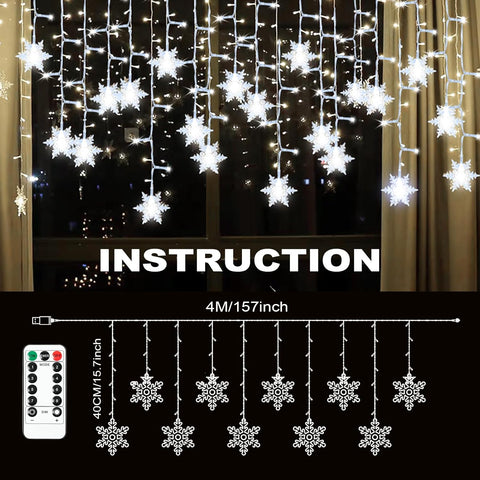 Snowflake string lights with remote control on a black background