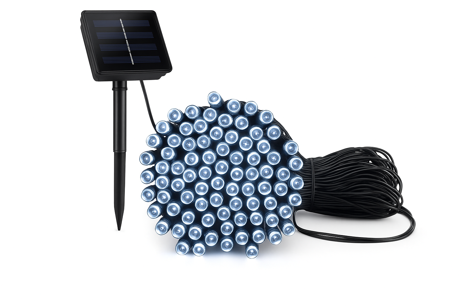 Solar-powered LED string lights with solar panel and cable on a white background