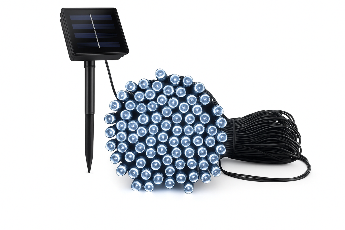 Solar-powered LED string lights with solar panel and cable on a white background
