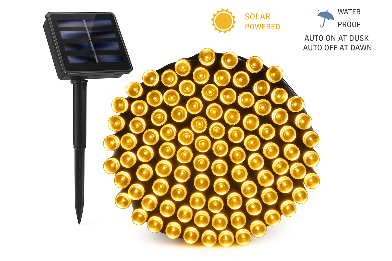 Solar-powered LED string lights with solar panel and features on a white background