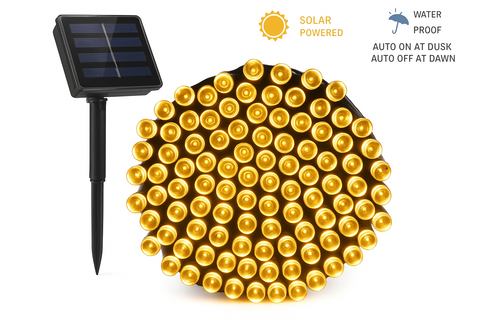 Solar-powered LED string lights with solar panel and features on a white background