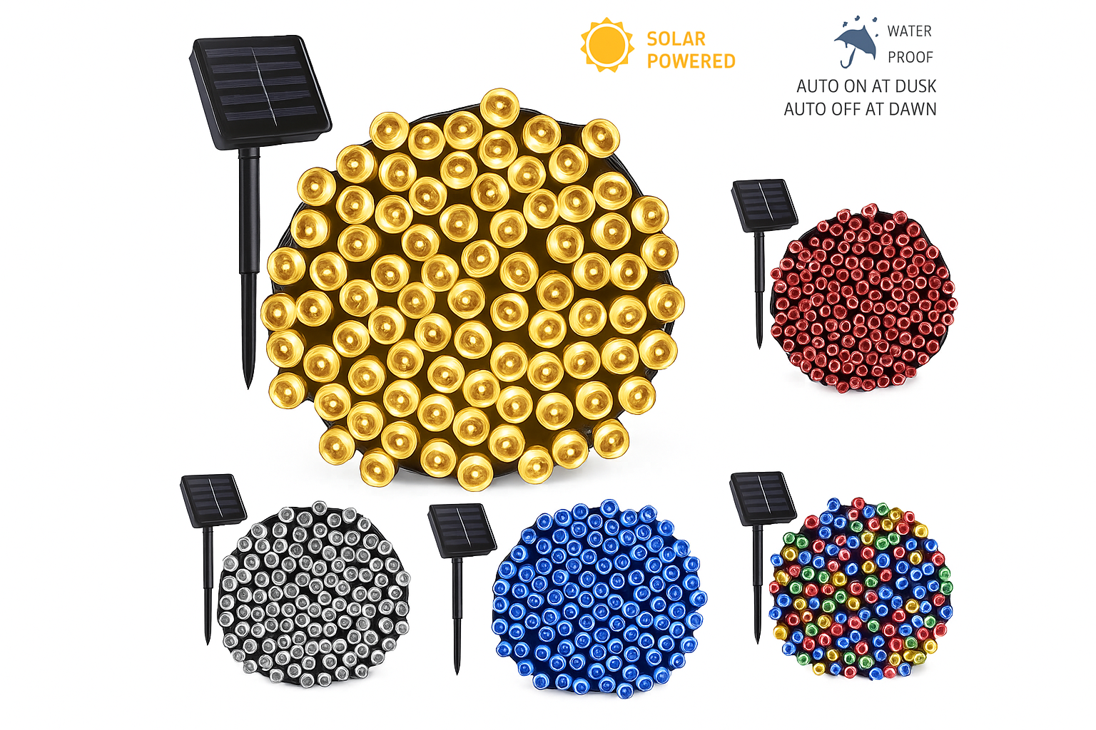 Solar-powered LED string lights with various color options on a white background