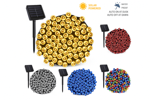 Solar-powered LED string lights with various color options on a white background