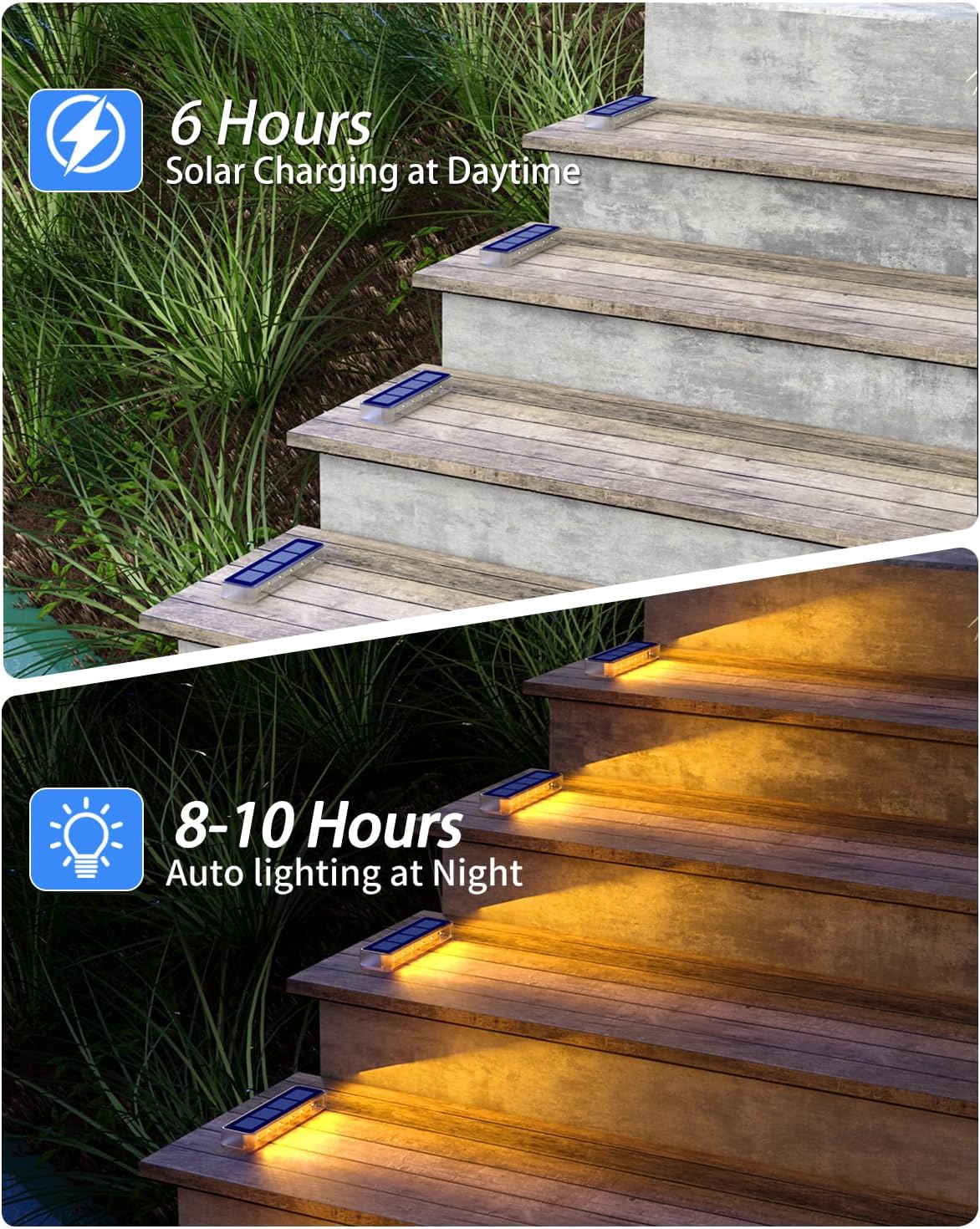 Solar-powered LED strip lights on outdoor steps with charging and lighting duration text.