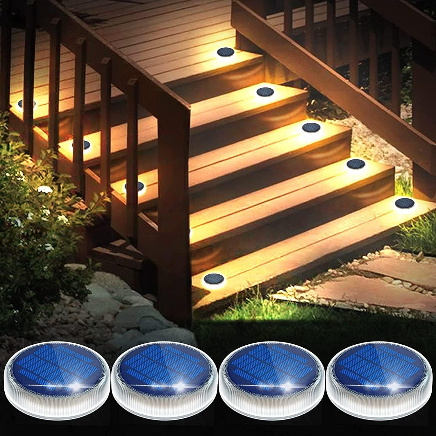 Solar-powered deck lights on wooden steps with four additional lights displayed below.