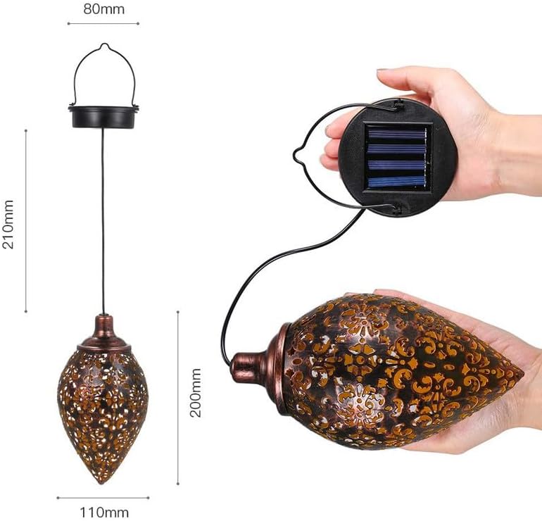 Solar-powered decorative lamp with dimensions and a hand holding the solar panel.