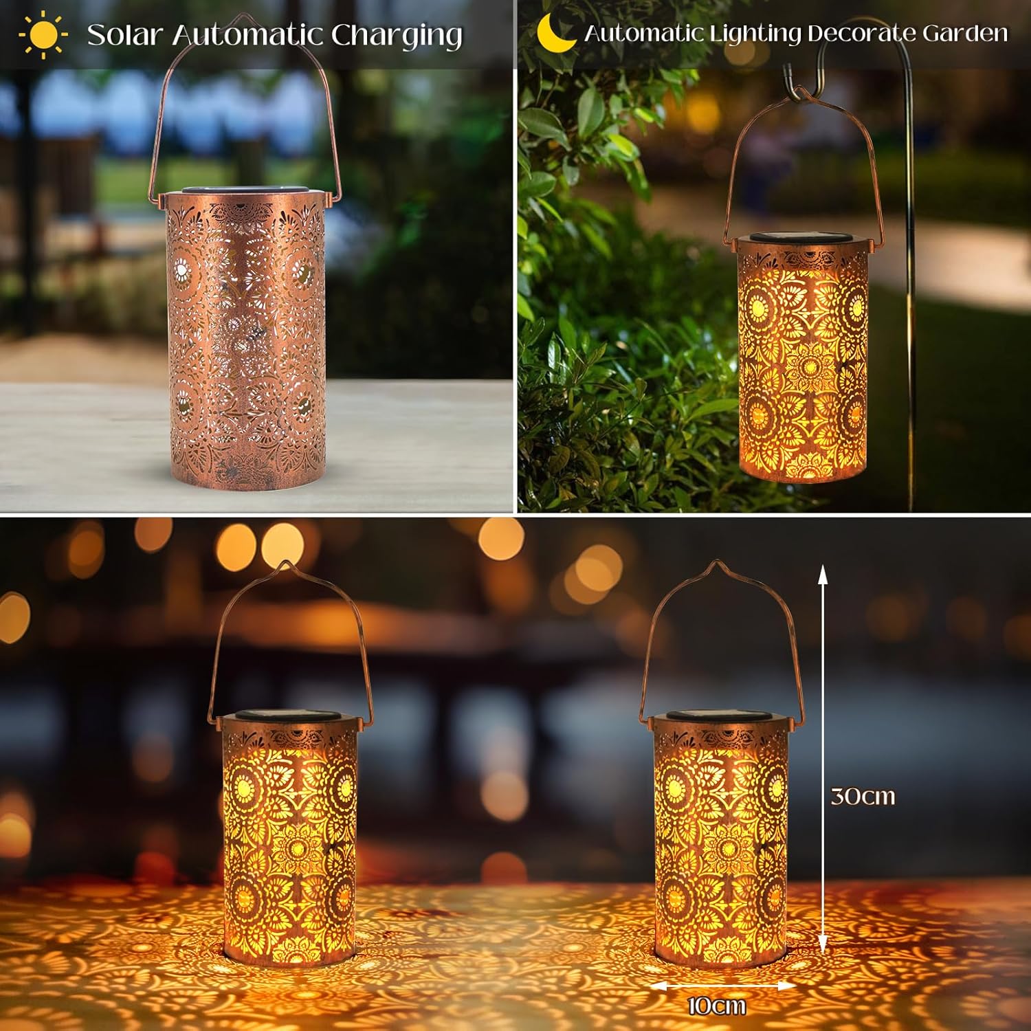 Solar-powered decorative lantern with 'Solar Automatic Charging' and 'Automatic Lighting Decorate Garden' text, shown in various settings.