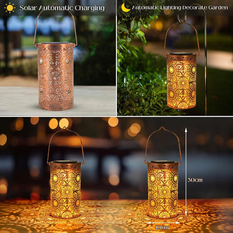 Solar-powered decorative lantern with 'Solar Automatic Charging' and 'Automatic Lighting Decorate Garden' text, shown in various settings.