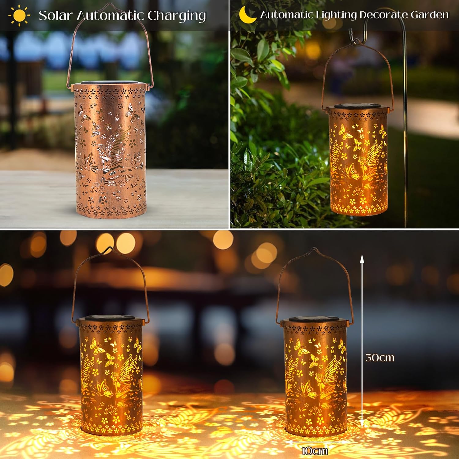 Solar-powered decorative lantern with 'Solar Automatic Charging' and 'Automatic Lighting Decorate Garden' text, shown indoors and outdoors.