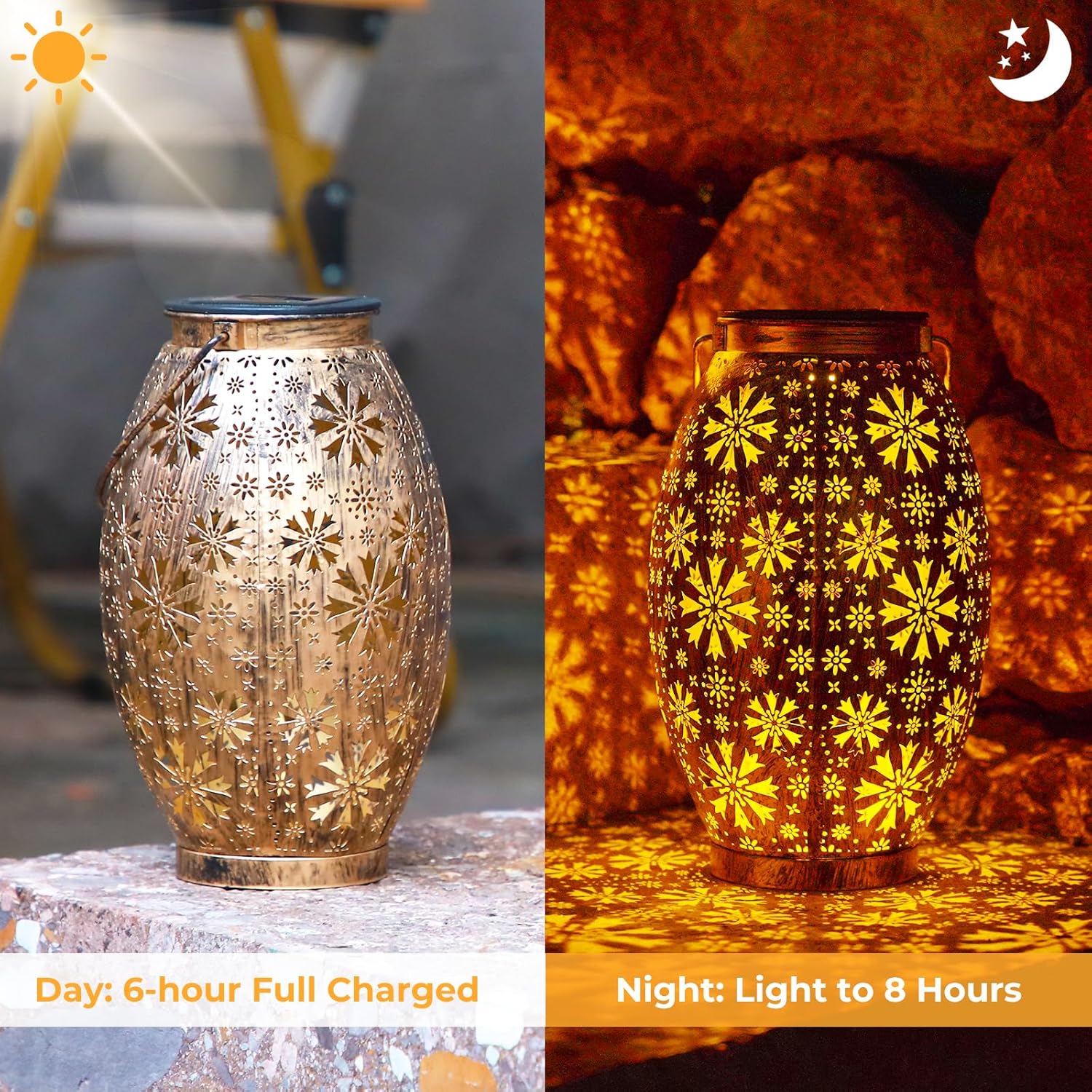 Solar-powered decorative lantern with floral cutout design, shown during day and night.