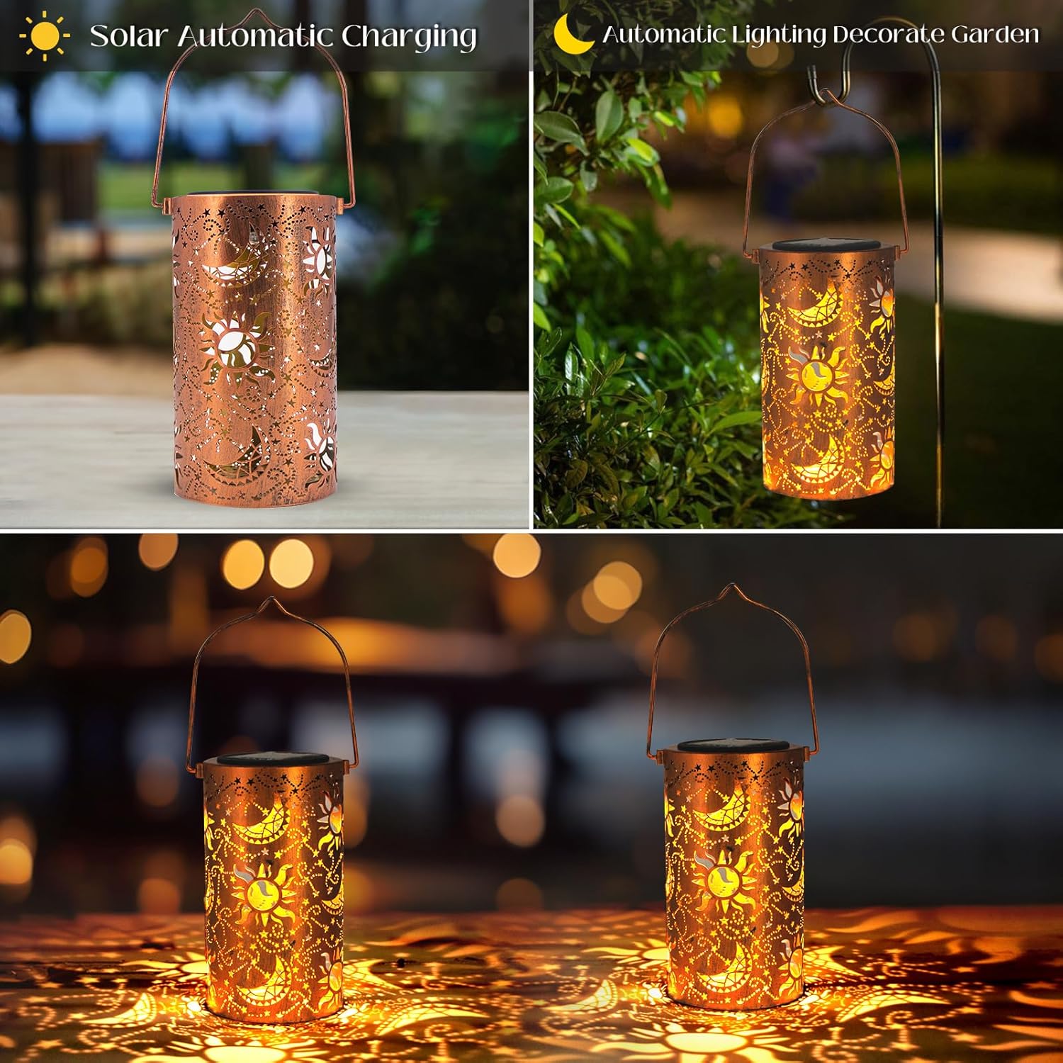 Solar-powered decorative lanterns with floral and moon designs, shown outdoors.
