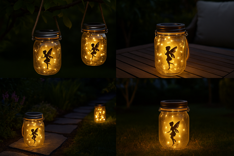 Solar-powered fairy lights in mason jars on a wooden surface and ground.