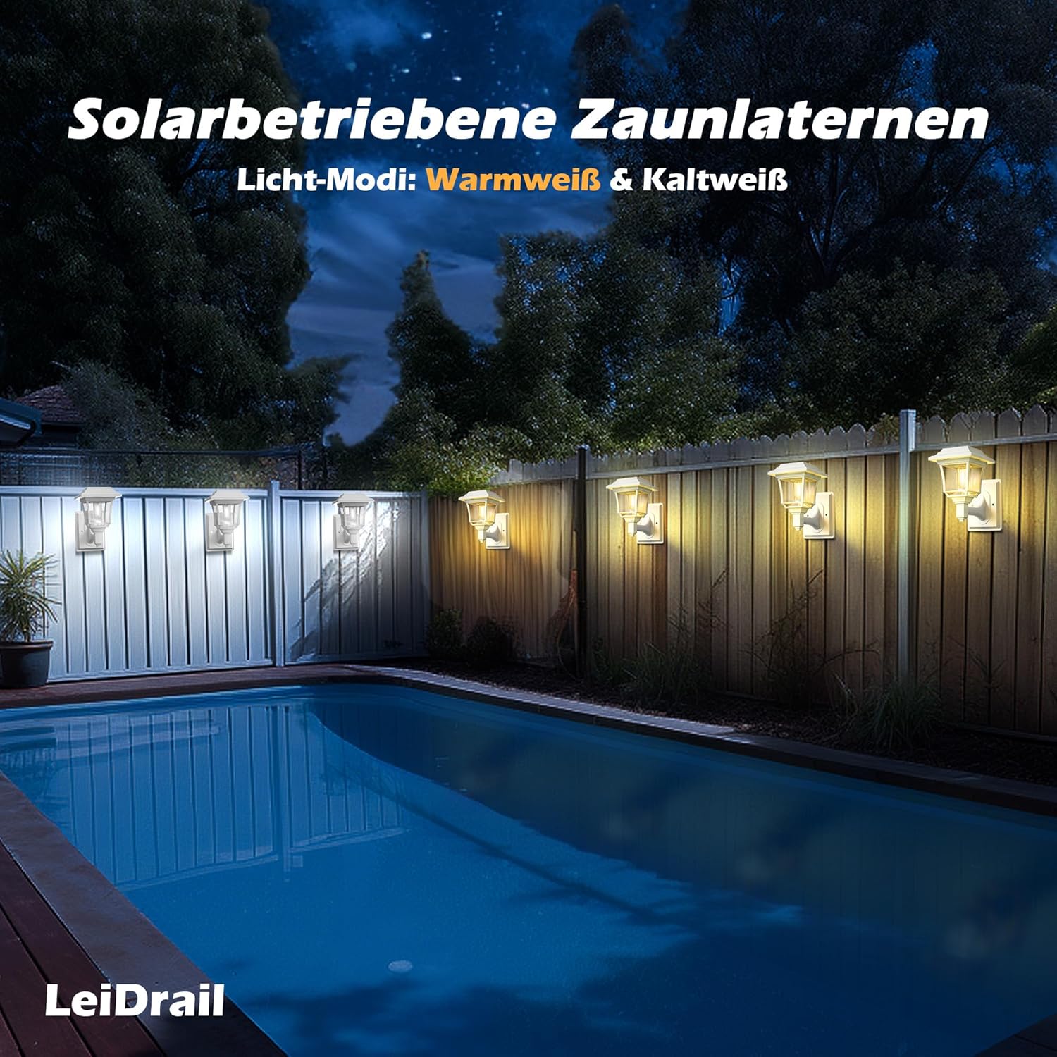 Solar-powered fence lights illuminating a pool area at night with text indicating light modes.
