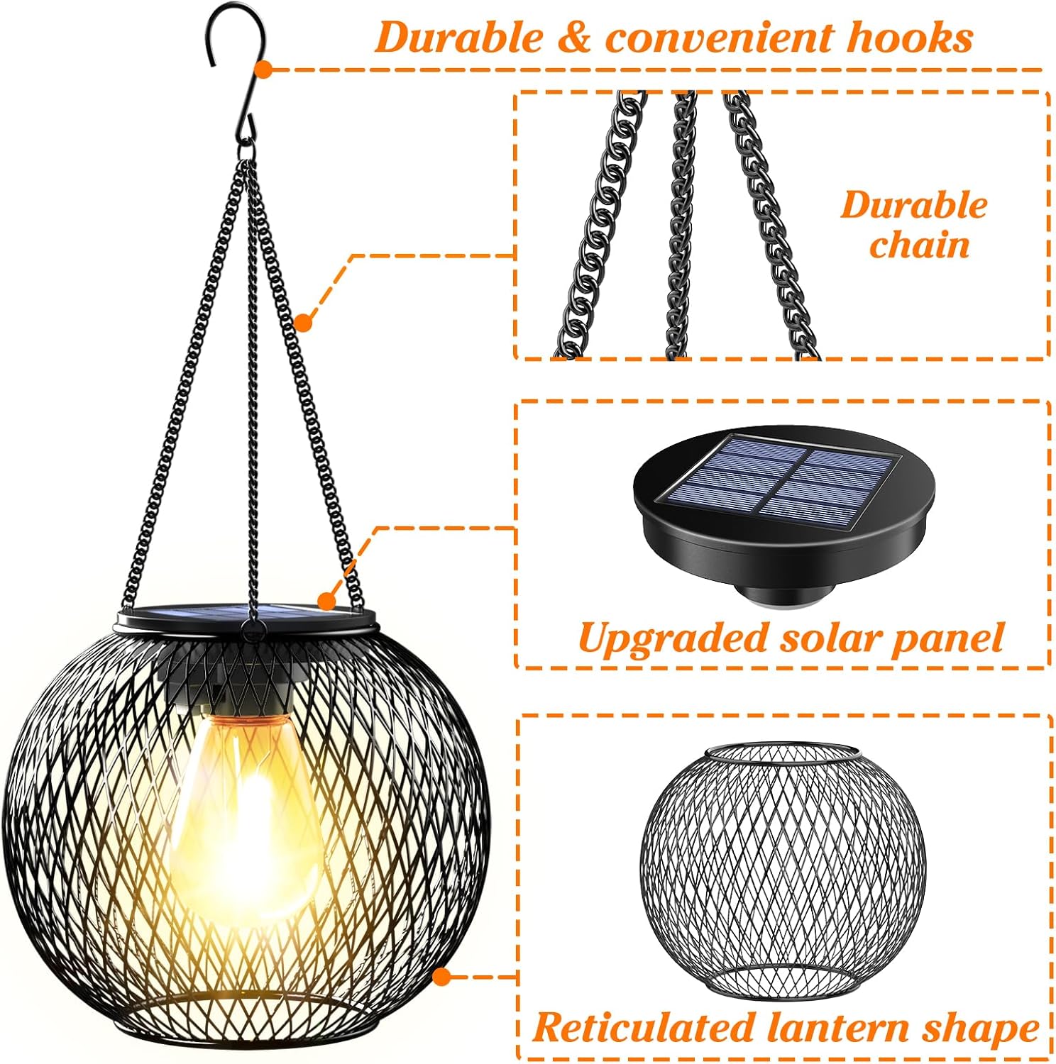 Solar-powered hanging lantern with features highlighted on a white background