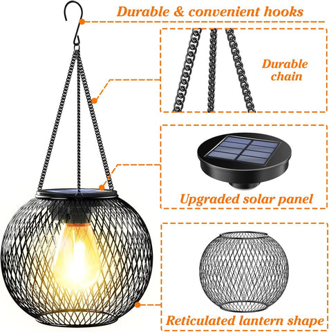 Solar-powered hanging lantern with features highlighted on a white background