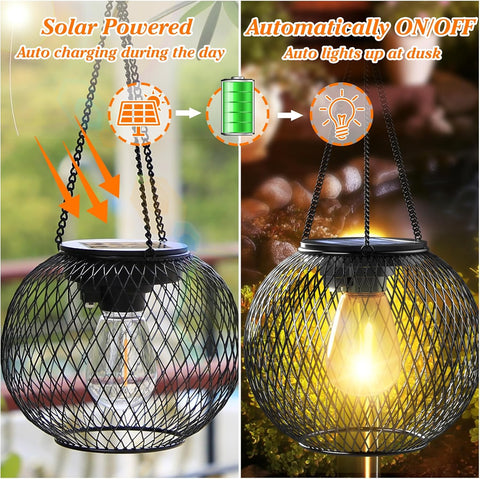 Solar-powered hanging light with day and night functionality features.