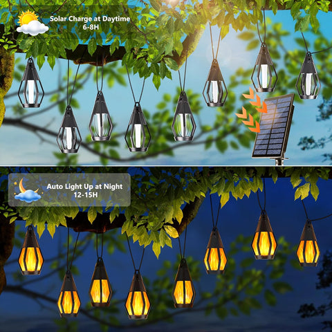 Solar-powered hanging lights with daytime and nighttime functionality, shown under a tree.