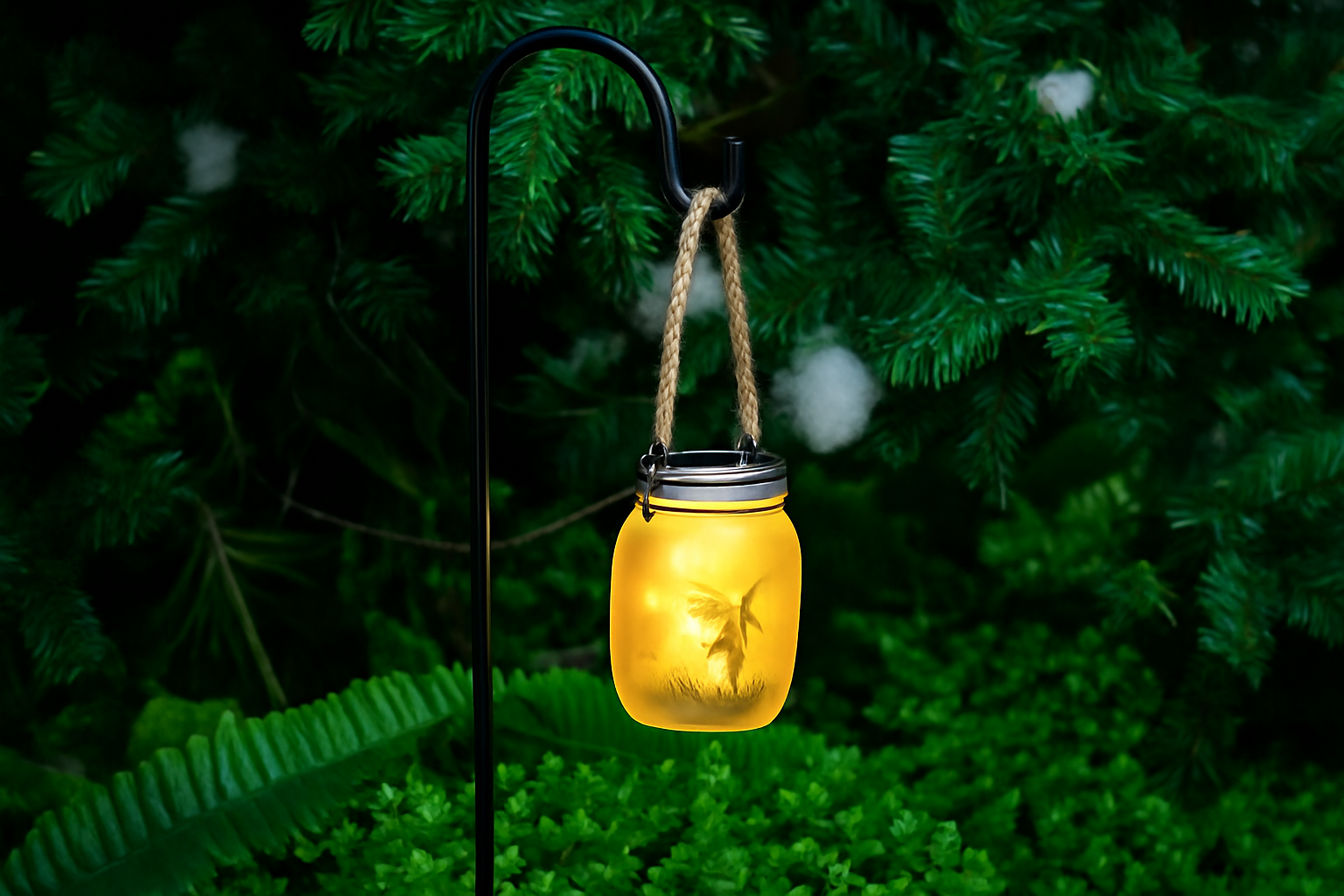 Solar-powered lantern hanging from a tree with a glowing yellow light.