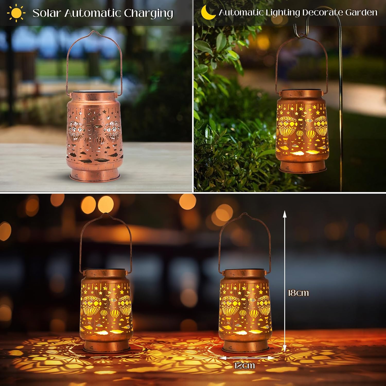 Solar-powered lantern with 'Solar Automatic Charging' and 'Automatic Lighting Decorate Garden' text, shown indoors and outdoors.