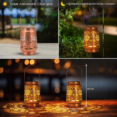 Solar-powered lantern with 'Solar Automatic Charging' and 'Automatic Lighting Decorate Garden' text, shown indoors and outdoors.