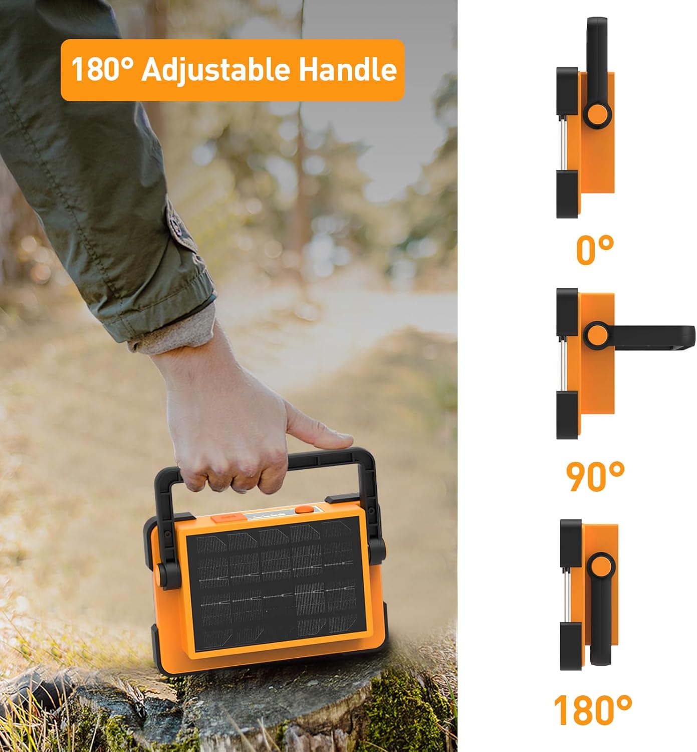 Solar-powered lantern with adjustable handle feature, outdoors.