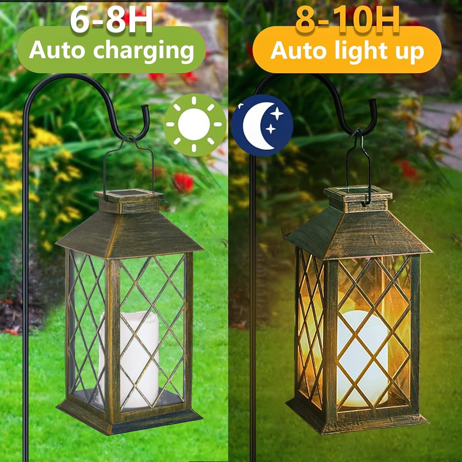 Solar-powered lantern with auto charging and light-up features on a green background