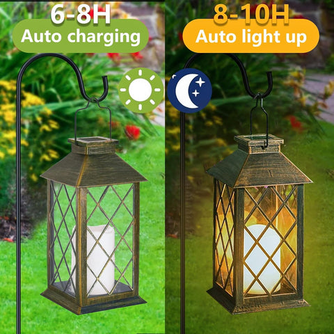 Solar-powered lantern with auto charging and light-up features on a green background