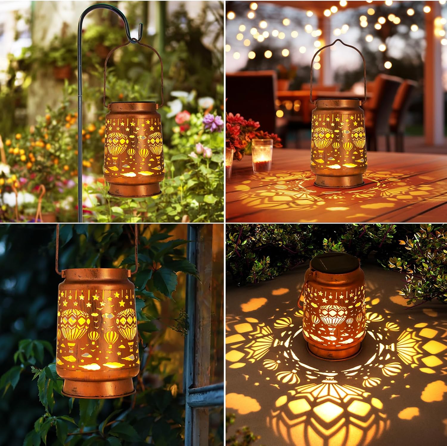 Solar-powered lantern with decorative patterns, shown in various outdoor settings.