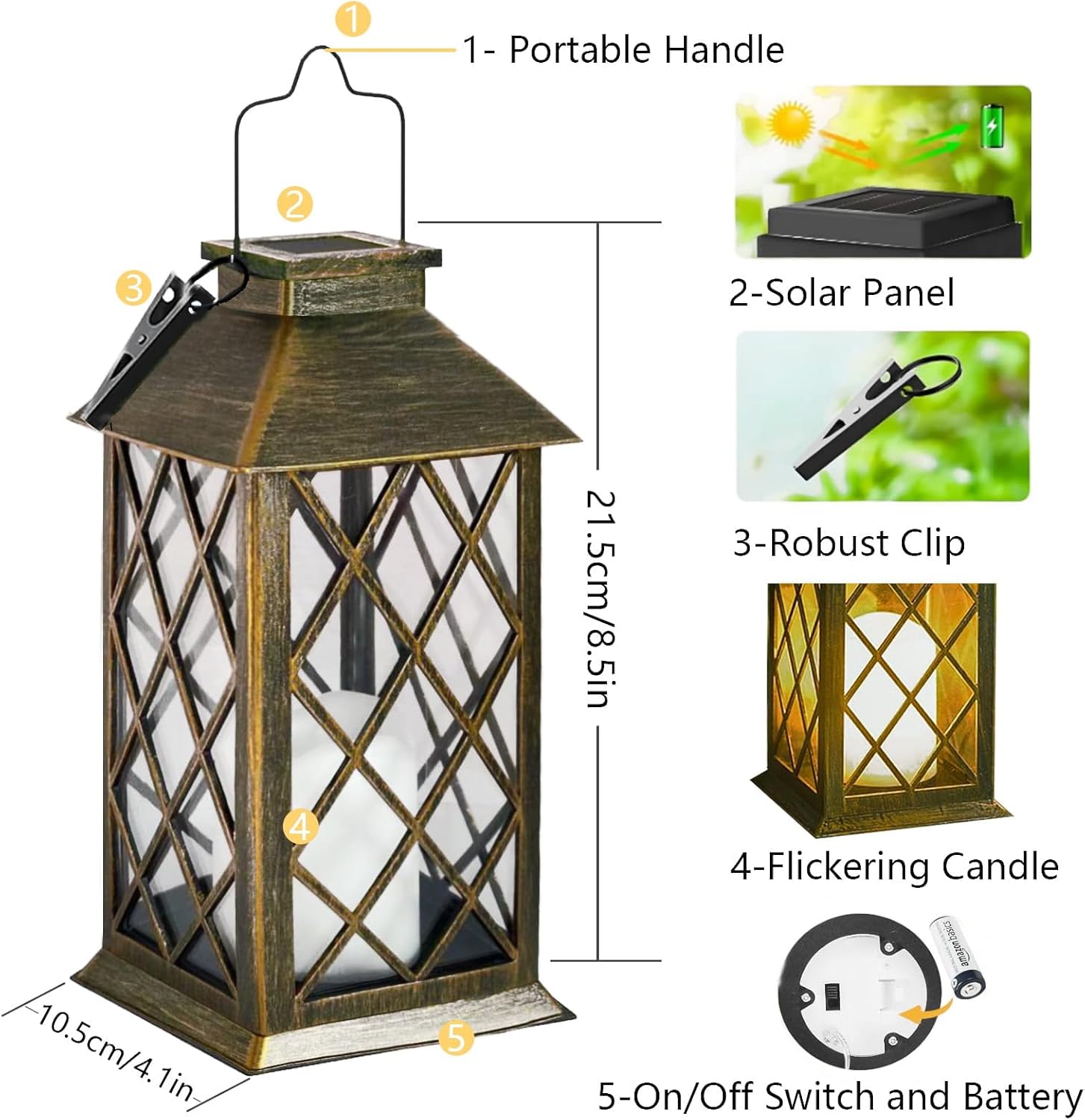 Solar-powered lantern with labeled parts and dimensions on a white background