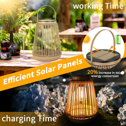 Solar-powered lantern with text highlighting efficiency and features, set outdoors.