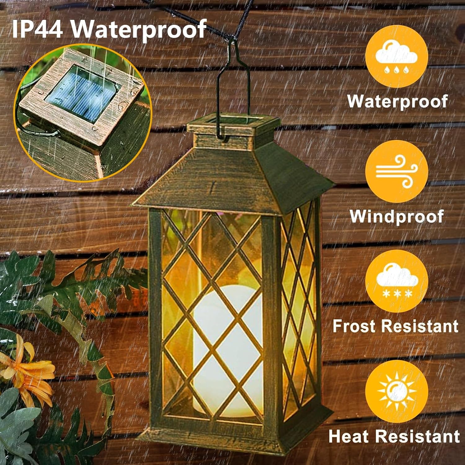 Solar-powered lantern with waterproof, windproof, frost-resistant, and heat-resistant features on a wooden background.