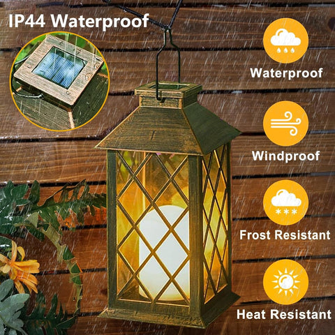Solar-powered lantern with waterproof, windproof, frost-resistant, and heat-resistant features on a wooden background.