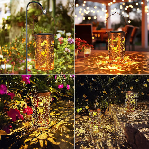 Solar-powered lanterns casting decorative shadows in various outdoor settings.