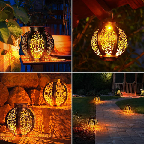 Solar-powered lanterns in various outdoor settings