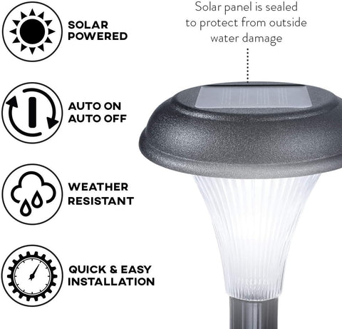 Solar-powered outdoor light with features listed on a white background