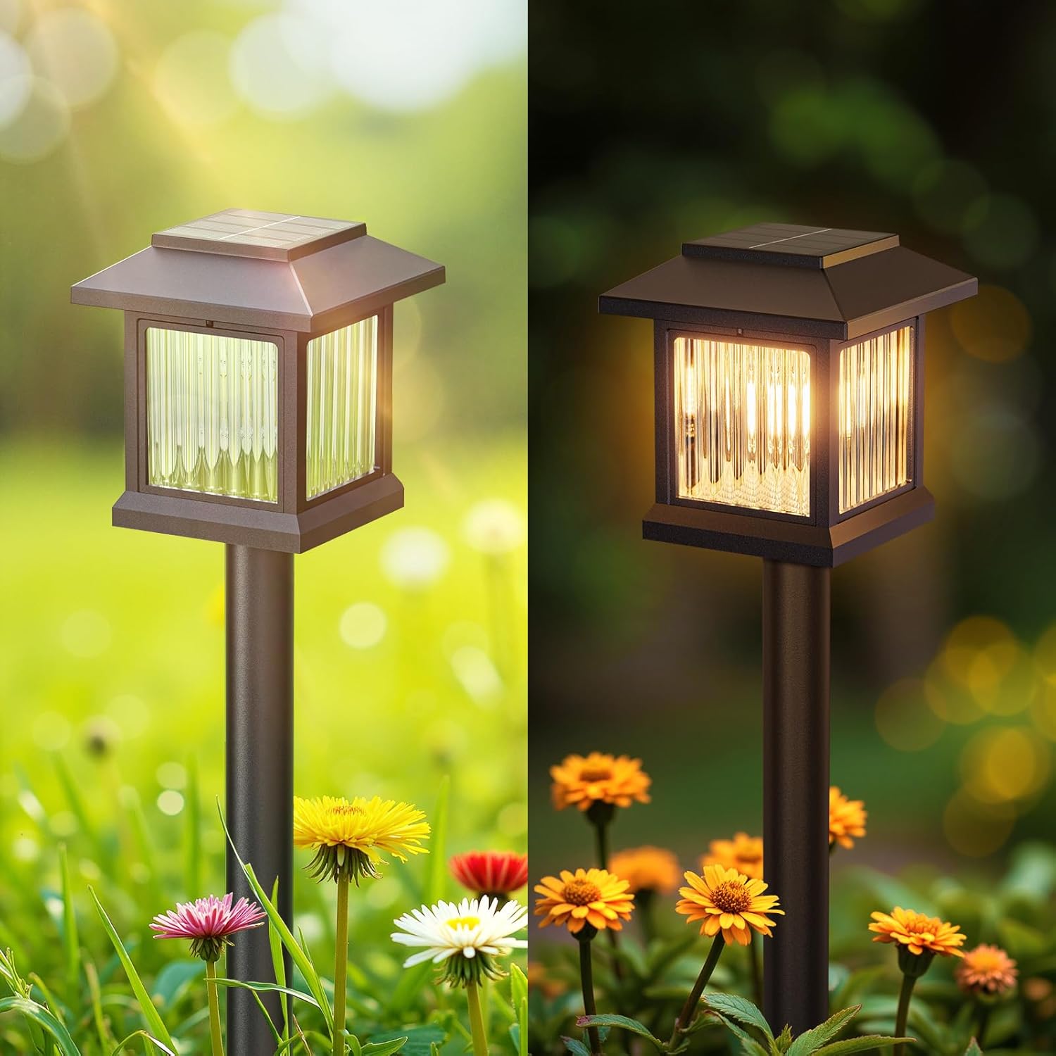 Solar-powered outdoor lamp with green and yellow light on a blurred garden background