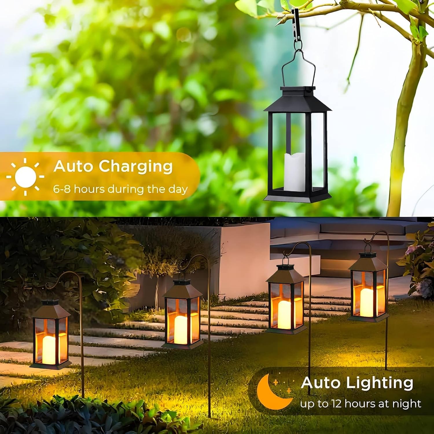 Solar-powered outdoor lanterns with auto charging and lighting features, set against a garden and house background.