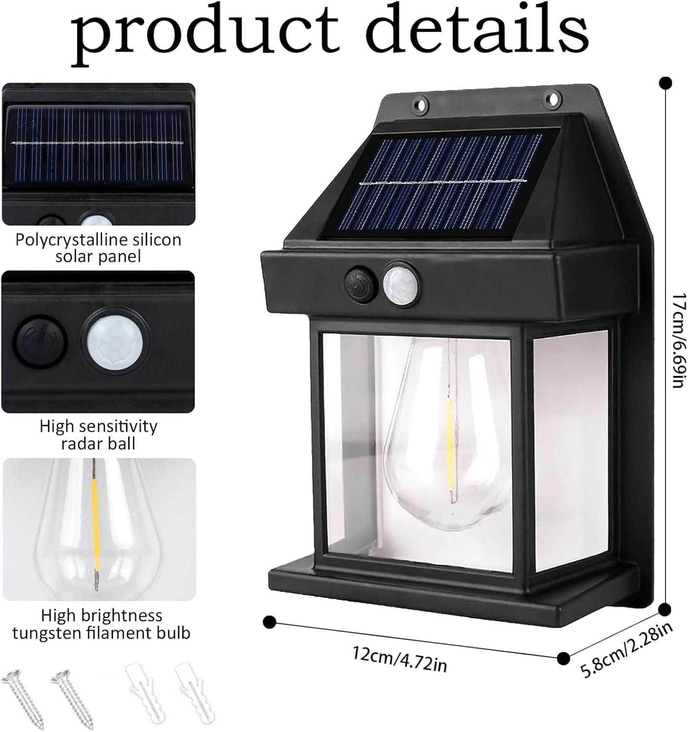 Solar-powered outdoor light fixture with features and dimensions displayed.