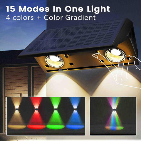 Solar-powered outdoor light with 15 modes, 4 colors, and color gradient on a house exterior.