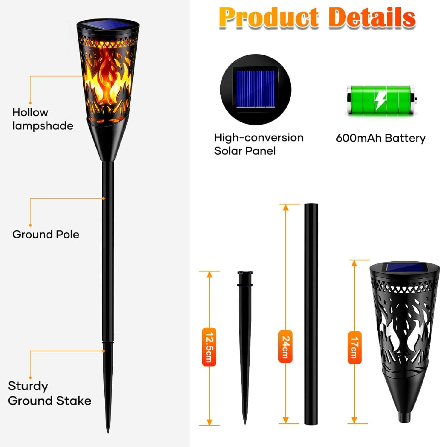 Solar-powered outdoor light with labeled parts and specifications on a white background