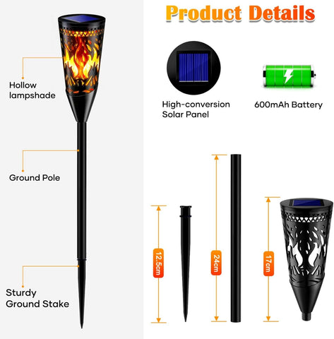 Solar-powered outdoor light with labeled parts and specifications on a white background