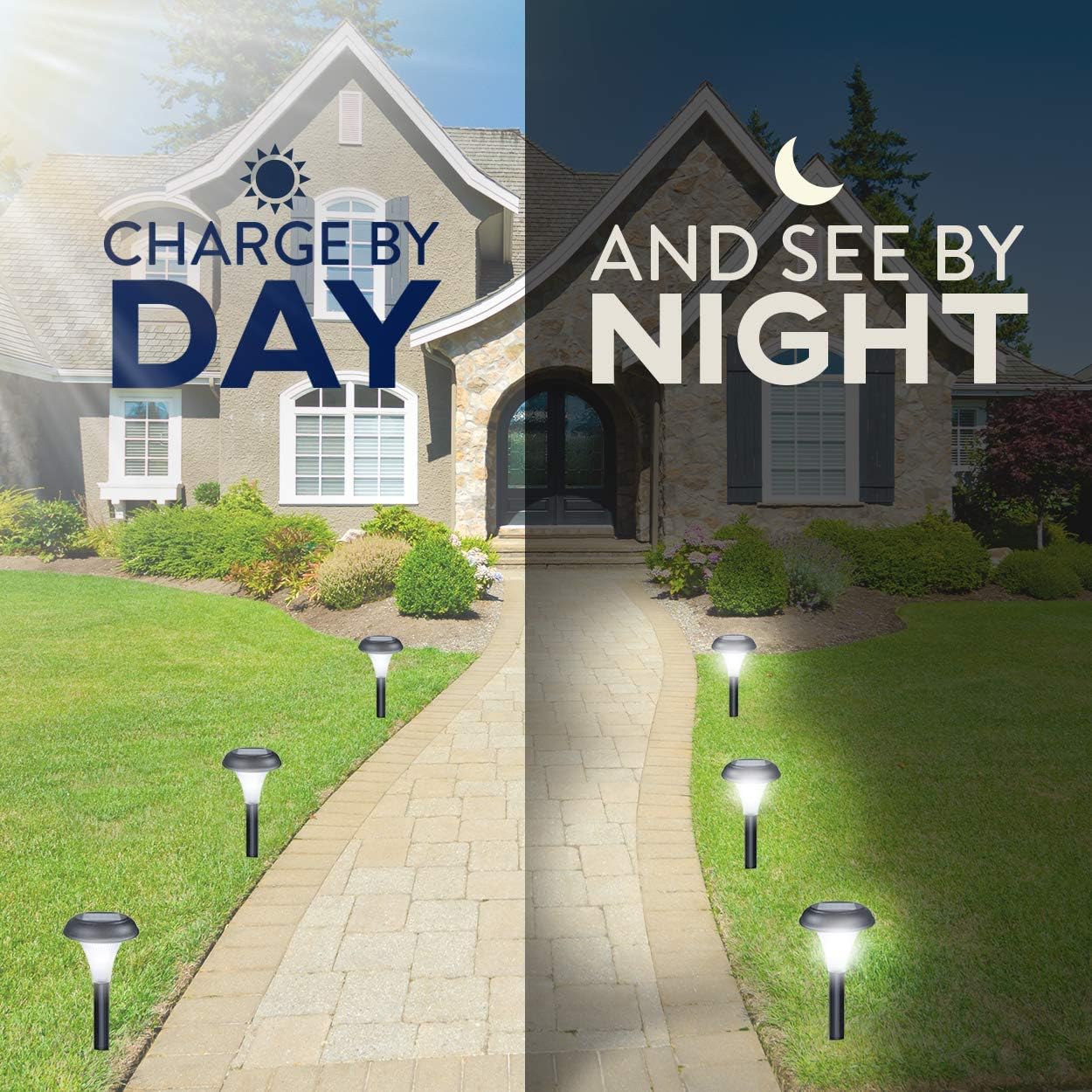 Solar-powered outdoor lights illuminating a pathway in front of a house during day and night.