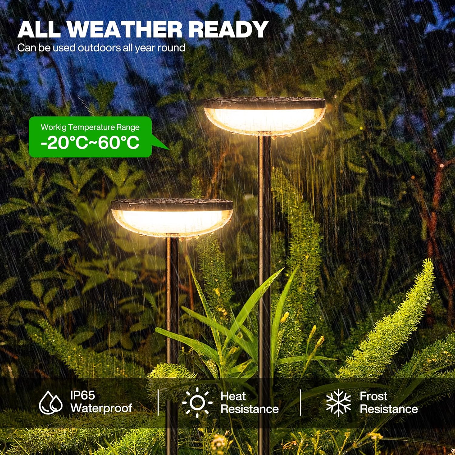 Solar-powered outdoor lights in a garden setting with text highlighting weather resistance.