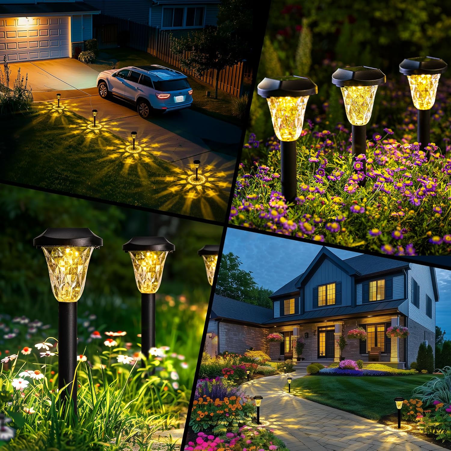Solar-powered outdoor lights in various settings including a driveway, garden, and house exterior.