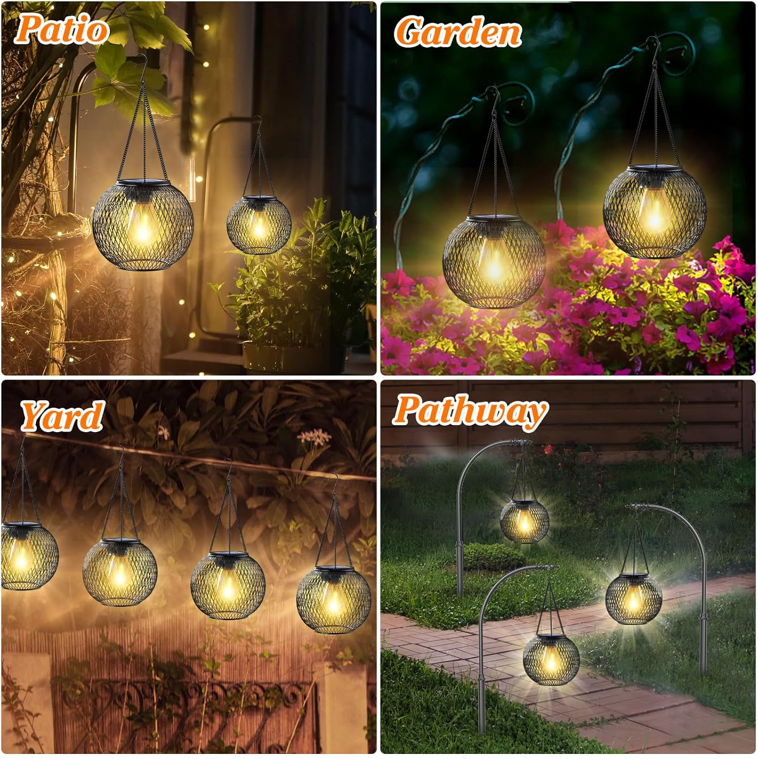 Solar-powered outdoor lights in various settings including patio, garden, yard, and pathway.