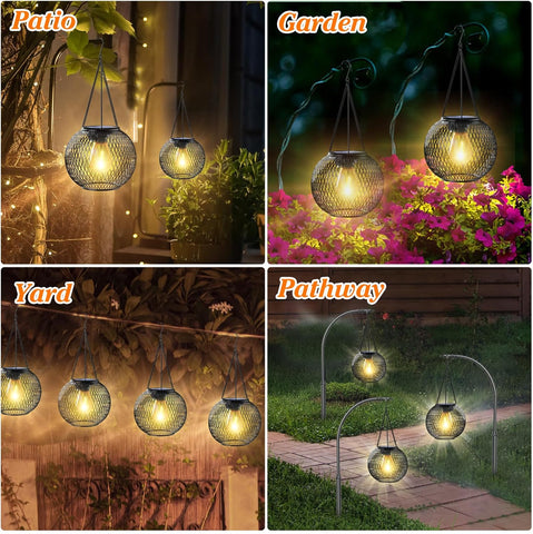 Solar-powered outdoor lights in various settings including patio, garden, yard, and pathway.